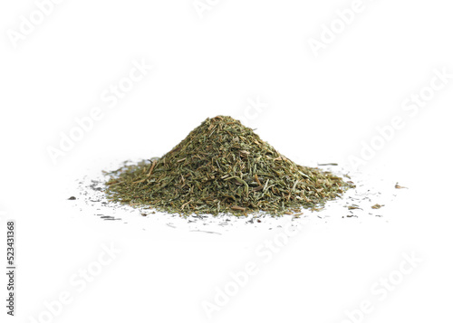 Pile of aromatic dry dill on white background