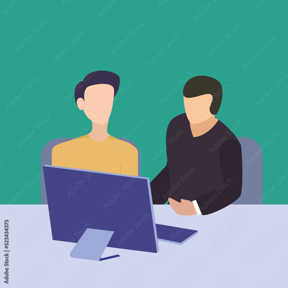 Simple Vector illustration drawing of two young sales managers analyze sales growth chart on-screen monitor with marketing staff. Sales growth evaluation concept Modern design vector illustration Simple Vector illustration drawing of two young sales managers analyze sales growth chart on-screen monitor with marketing staff. Sales growth evaluation concept Modern design vector illustration