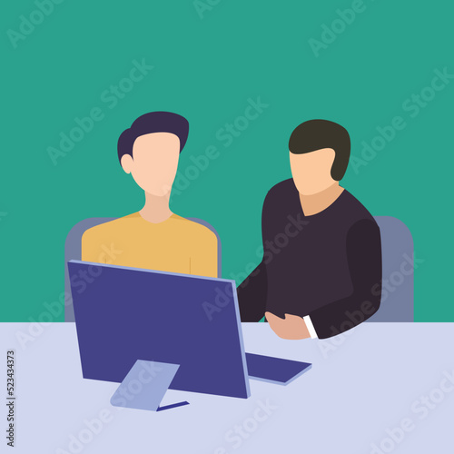 Simple Vector illustration drawing of two young sales managers analyze sales growth chart on-screen monitor with marketing staff. Sales growth evaluation concept Modern design vector illustration