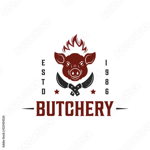 Butchery shop logo vector illustration design template, pig head and meat cleaver knife logo vector design element, good for restaurant logo design