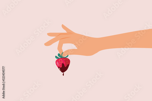 Hand Holding a Strawberry Dipped in Chocolate Vector Illustration. Girlfriend offering an aphrodisiac dessert food as temptation