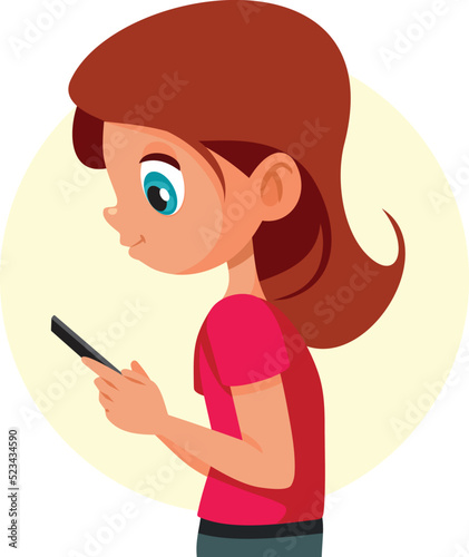 Girl Holding Smartphone Reading and Typing Messages Vector Cartoon. Happy little child checking viral memes on her phone
