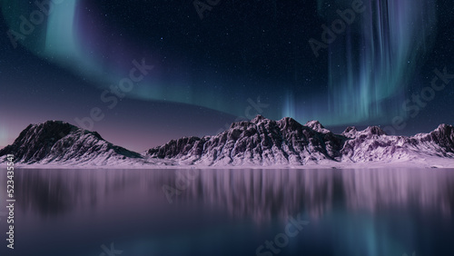 Snow covered Mountains with Aurora Lights. Green Sky Background with copy-space.