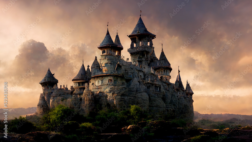 Panoramic view of fantastic castle at evening, 3D illustration 16:9
