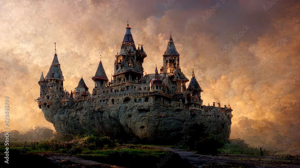 Panoramic view of fantastic castle at evening, 3D illustration 16:9