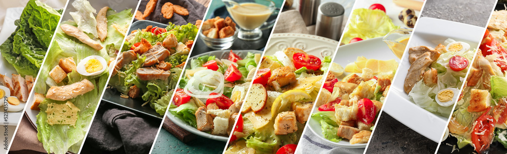 Collage of plates with tasty Caesar salad on table, closeup Collage of plates with tasty Caesar salad on table, closeup