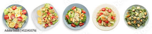 Collage of plates with tasty Caesar salad on white background, top view