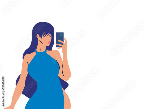 Beautiful woman in blue party outfit taking a selfie photo. Vector illustration isolated on white background