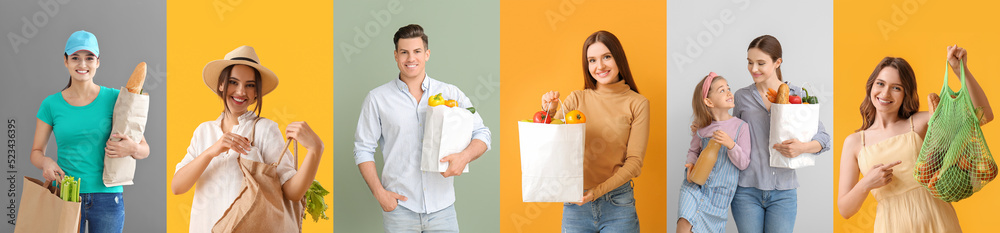 Group of people with grocery bags and fresh products on color background Group of people with grocery bags and fresh products on color background
