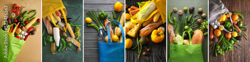 Collection of different grocery bags with fresh products