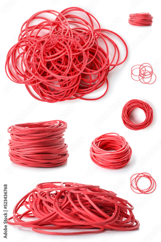 Collage of red elastic bands on white background