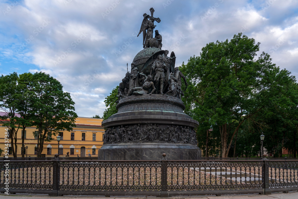 View of the Monument to the Millennium of Russia, installed on the territory of the Novgorod Kremlin in 1862 on a summer day, Veliky Novgorod, Russia