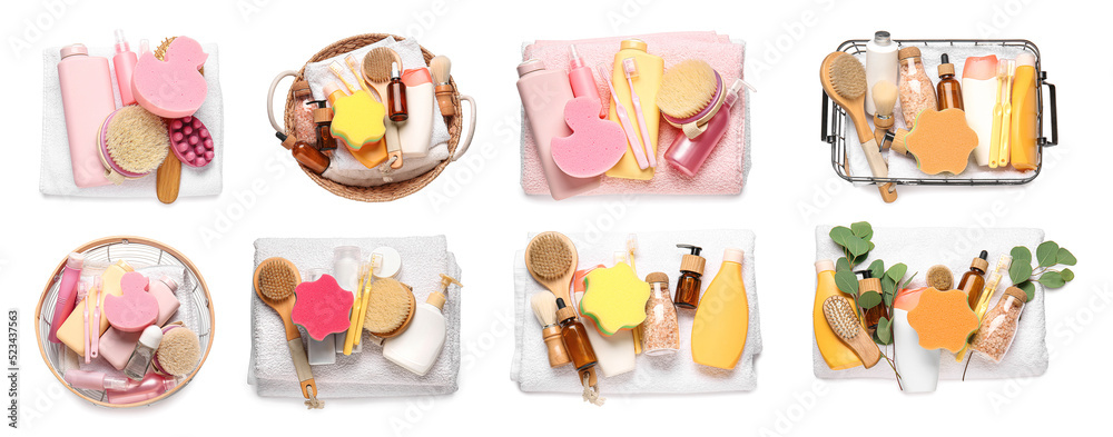 Set of many bath accessories isolated on white, top view Set of many bath accessories isolated on white, top view