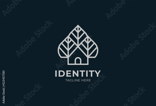 Tree House Logo, modern and elegant house and tree combination in line style, flat design logo template, vector illustration