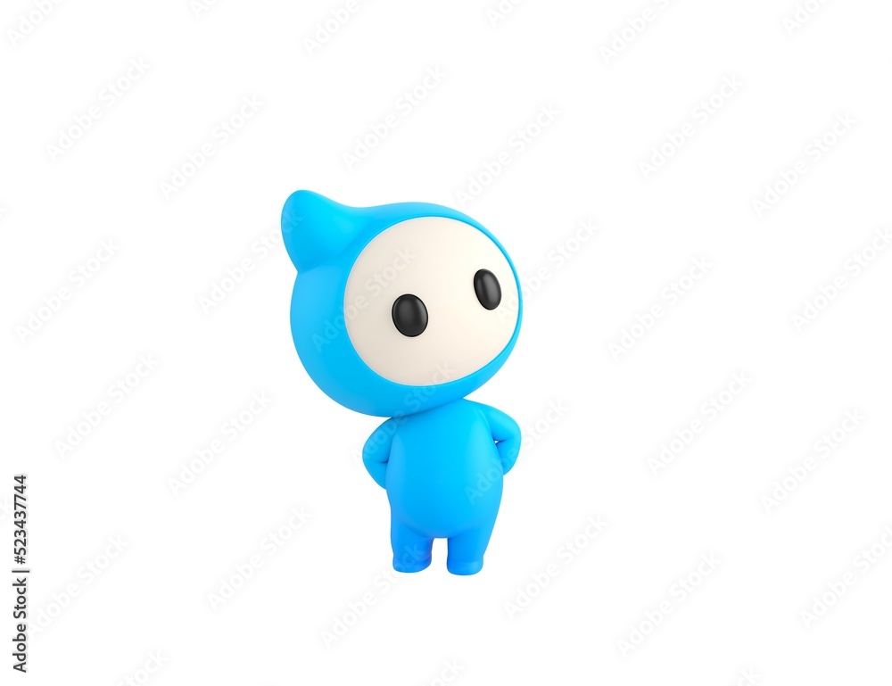 Blue Monster character hides hands behind back and look up in 3d rendering. Blue Monster character hides hands behind back and look up in 3d rendering.