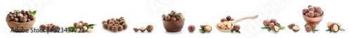 Set of tasty macadamia nuts on white background photo