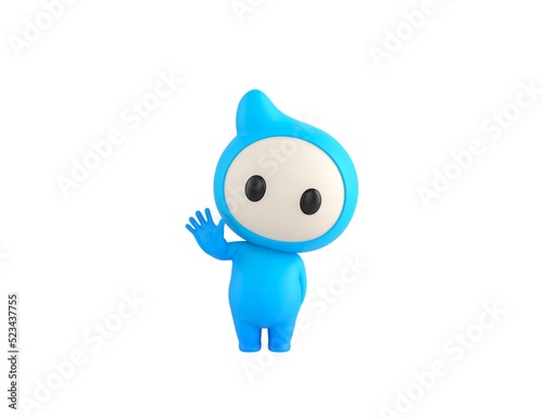 Blue Monster character raising right hand in 3d rendering.
