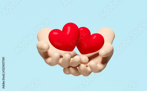 3d cartoon two hands holding red heart isolated on blue background. health love or world heart day concept, 3d render illustration