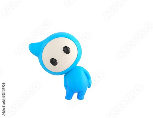 Blue Monster character tilt body to side in 3d rendering.