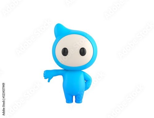 Blue Monster character showing thumb down in 3d rendering.