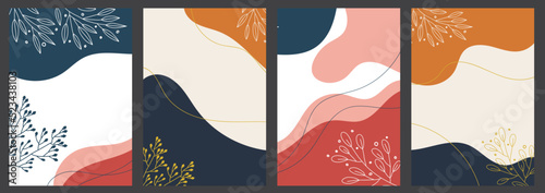 Set of minimalist handdrawn abstract fluid shape with floral elements.