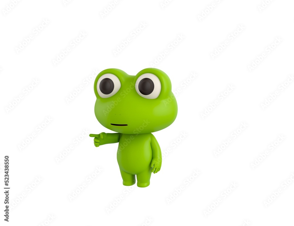 Little Frog character pointing finger to the left in 3d rendering. Little Frog character pointing finger to the left in 3d rendering.