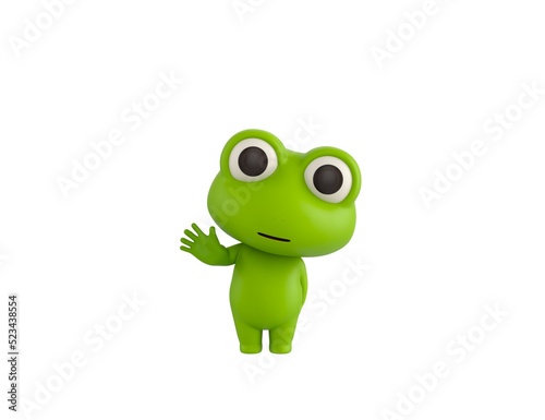 Little Frog character raising right hand in 3d rendering.