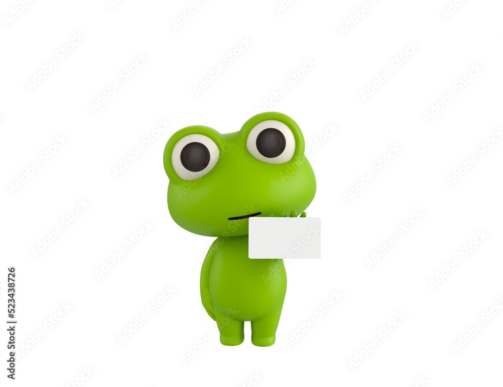 Fototapeta premium Little Frog character holding white card in 3d rendering.