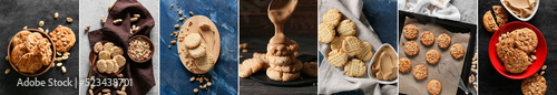Collage of tasty peanut cookies with butter