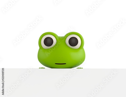 Little Frog character standing behind the big white blank banner  in 3d rendering.