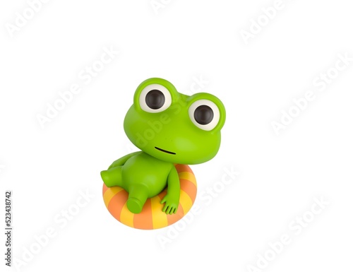 Little Frog character sitting on the inflatable ring in 3d rendering.