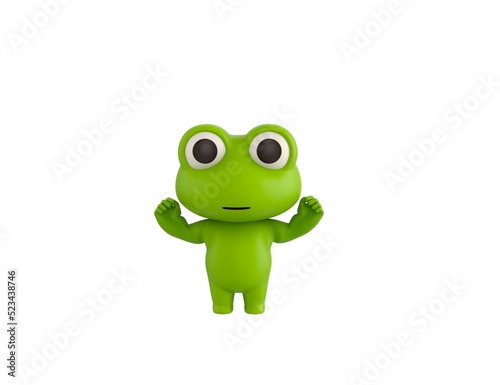 Little Frog character raising two fists in 3d rendering.