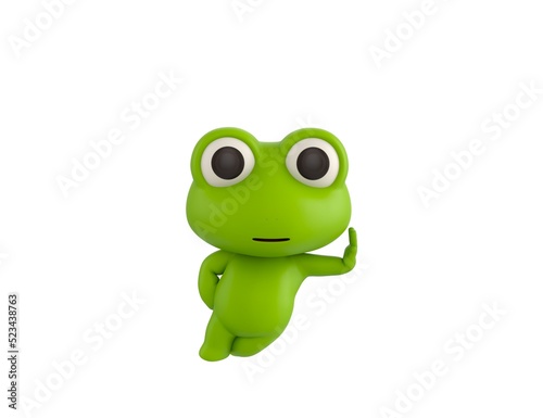 Little Frog character leaning against a wall in 3d rendering.
