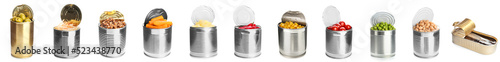 Collection of open tin canes with different food on white background photo