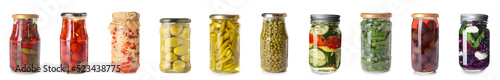 Collage of jars with canned vegetables on white background