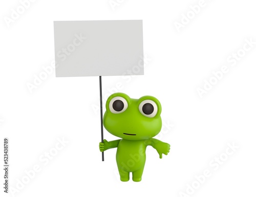 Little Frog character holding a blank billboard and give thumb down in 3d rendering.