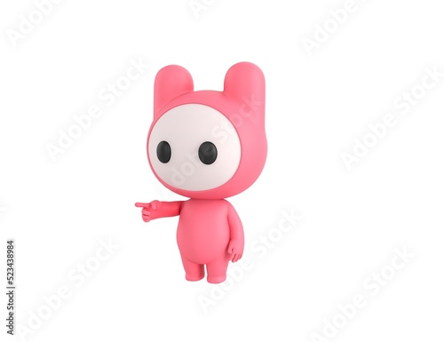 Pink Monster character pointing finger to the left in 3d rendering.