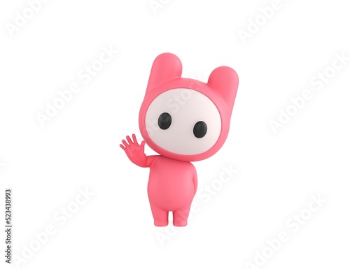 Pink Monster character raising right hand in 3d rendering.