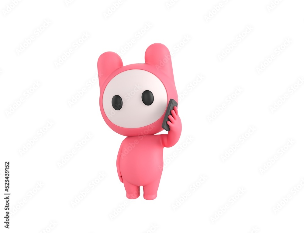 Naklejka premium Pink Monster character holding smartphone near ear in 3d rendering.