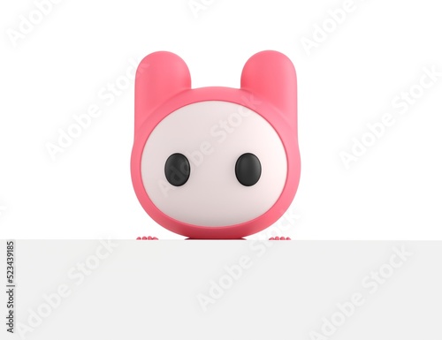 Pink Monster character standing behind the big white blank banner in 3d rendering.