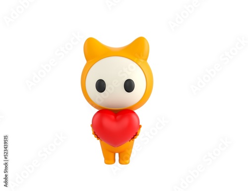 Yellow Monster character giving red heart in 3d rendering.