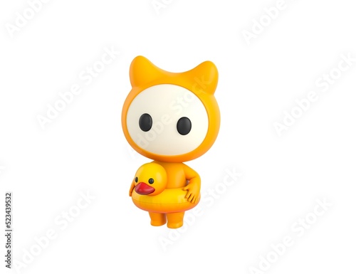 Yellow Monster character with inflatable duck ring in 3d rendering.