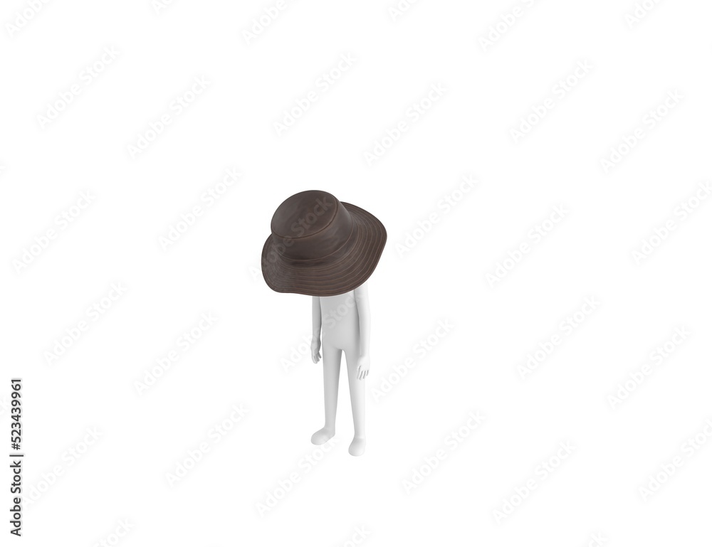 Stick Man Wear Leather Bucket Hat character looking down in 3d rendering. Stick Man Wear Leather Bucket Hat character looking down in 3d rendering.