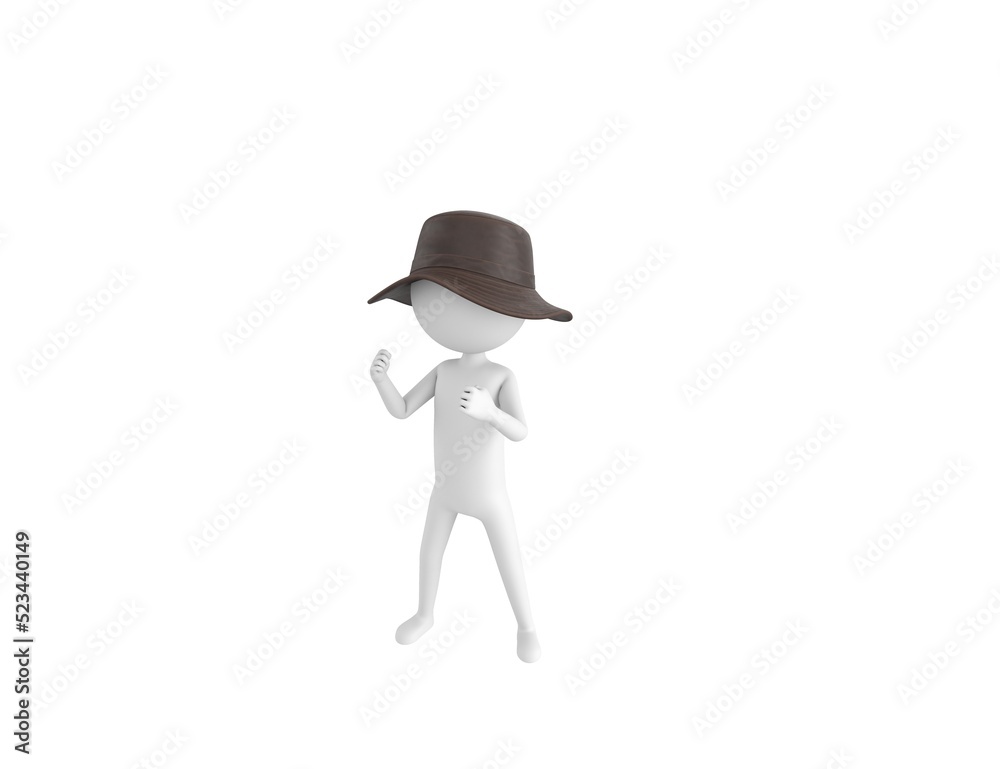 Stick Man Wear Leather Bucket Hat character fighting in 3d rendering.