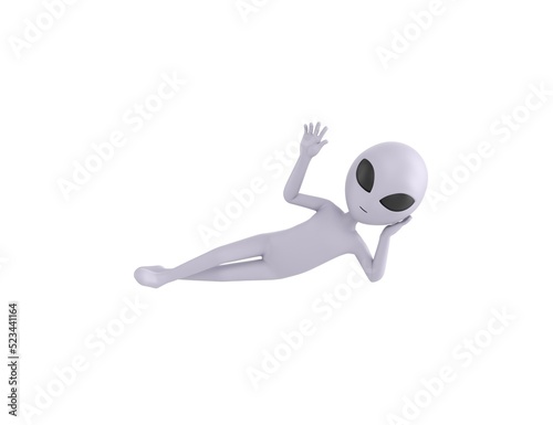 Grey Alien character lying on floor and say hi in 3d rendering.