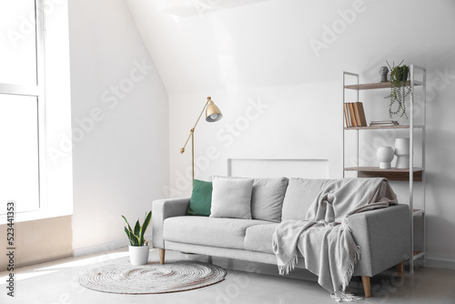 Interior of light living room with shelving unit  sofa and lamp