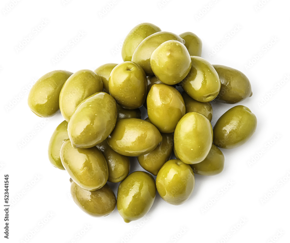 Tasty canned green olives isolated on white Tasty canned green olives isolated on white