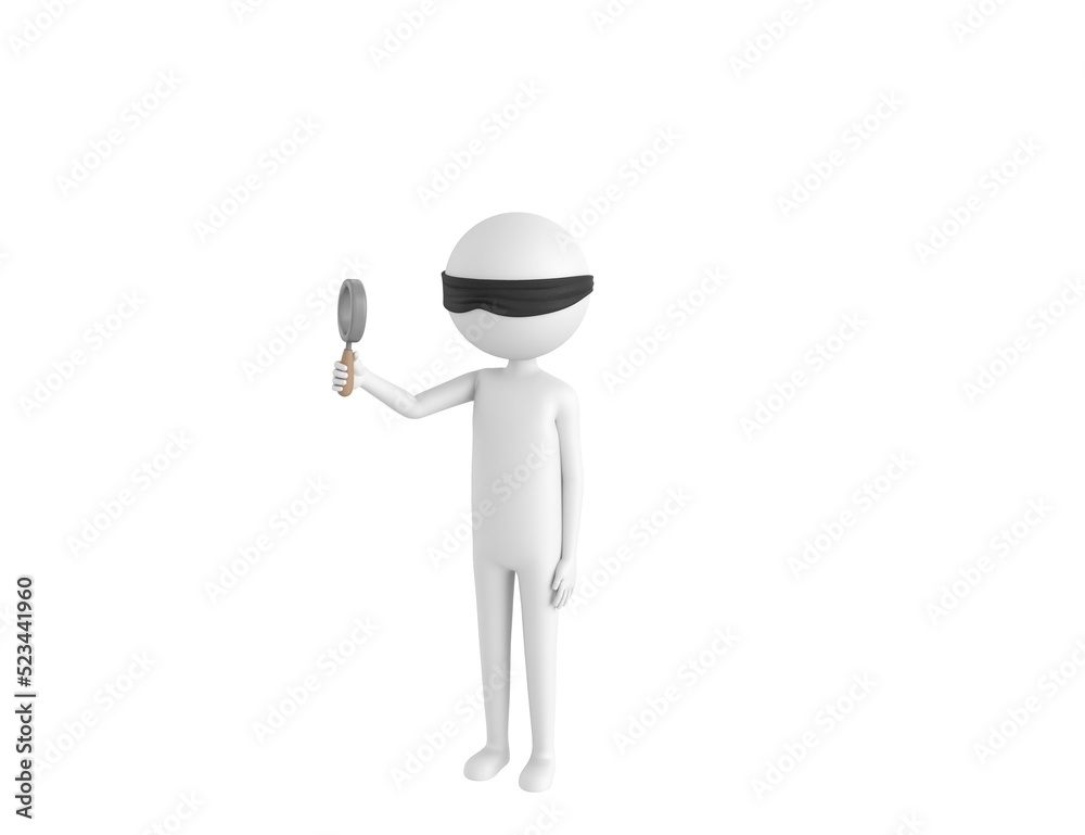 Blind Folded Stick Man character holding magnifying glass in 3d rendering. Blind Folded Stick Man character holding magnifying glass in 3d rendering.