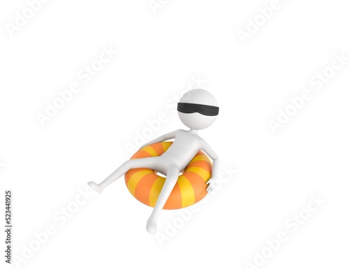 Blind Folded Stick Man character sitting on the inflatable ring in 3d rendering.