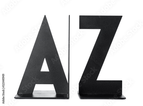 Black bookend in shape of letters on white background